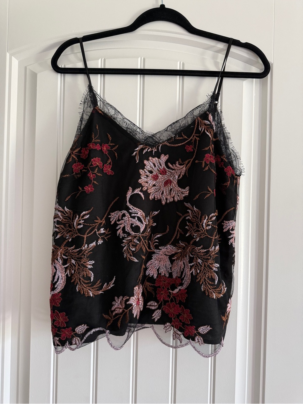 Miss Me Black Cami with Red & Pink Floral Embroidery